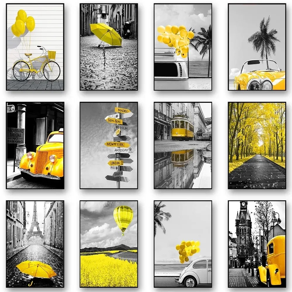 Home Decor Yellow - صورة مناظر طبيعية أوروبية بالأبيض والأسود،