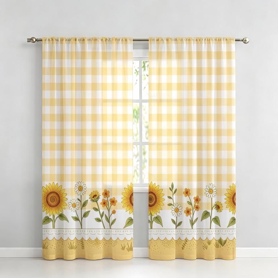 Home Decor Yellow - قطعتان من الستائر الشفافة المطبوعة رقميًا،
