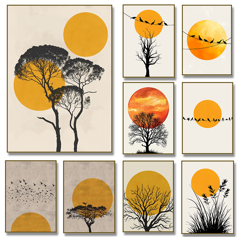 Home Decor Yellow - لوحة قماشية تصور آلاف الطيور مع